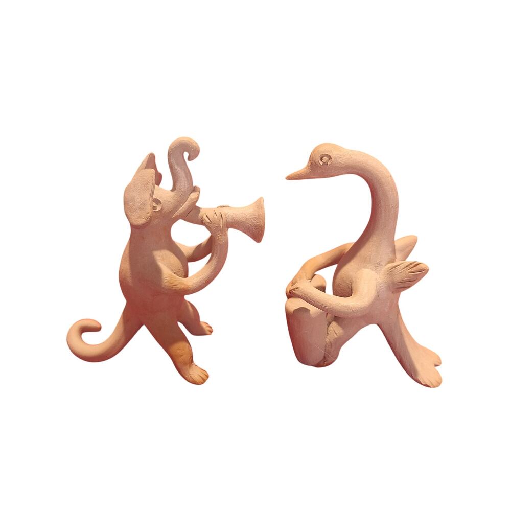 Whimsical Animal Musicians Elephant Swan Clay Figurines Bisque Folk Art Set